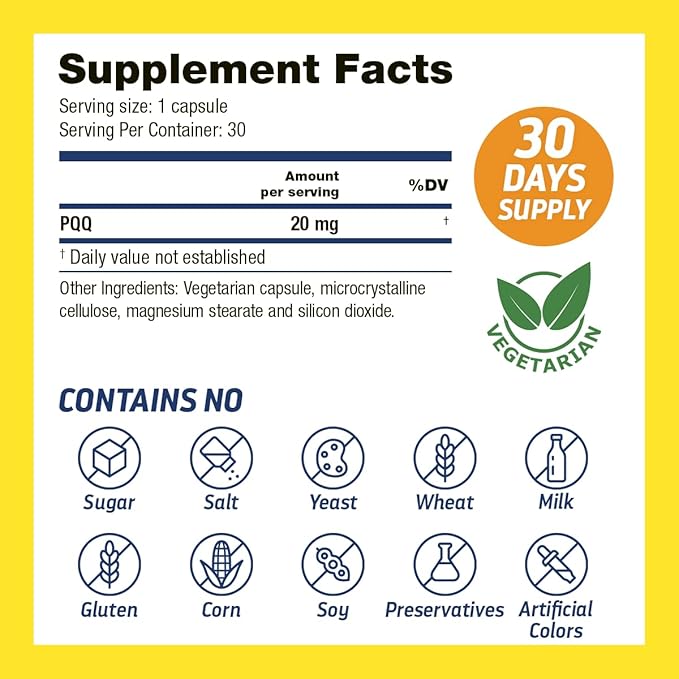 Dr's Hope Pyrroloquinoline Quinone Supplement 20 mg - Promotes Brain Heart &amp Mental Performance - For Muscle Function Energy Production &amp Longevity - Gluten Free - 30 Vegan Capsules - 1 Mont