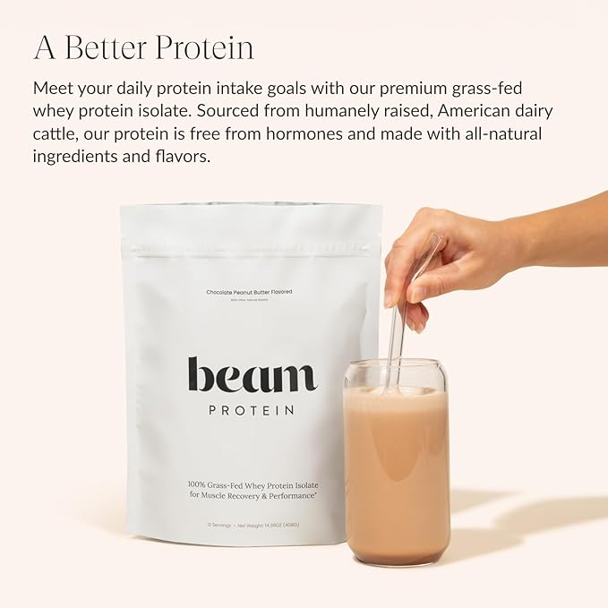 Beam Grass Fed Whey Protein Powder – Chocolate Peanut Butter 12 Servings 22g Protein Per Serving Clean Whey Isolate &amp Concentrate Low Carb Paleo Friendly GMO Free Gluten Free 3rd Party Tes