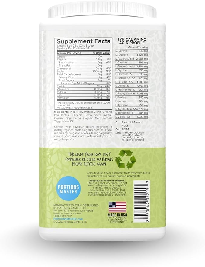 Portions Master Vegan Protein Blend Complete Plant Based Protein Powder with Pea Hemp Seed Goji Blend Medium Chain Triglycerides (750g Unflavored)