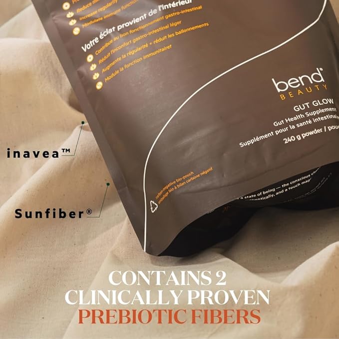 Bend Beauty Gut Glow | Daily Prebiotic Fiber Supplement Powder w/Tremella Mushroom Exract | Digestive Gut Health | 6g of Soluble Fiber per Serving | 100% Organic Vegan Sugar Free | Unflavored