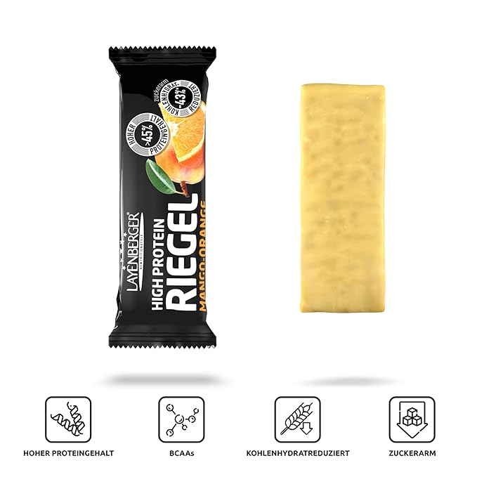Layenberger High Protein Bar Fitness Power Bar Lots of Protein Low Sugar Pack of 18 (18 x 35 g) - Mango Orange