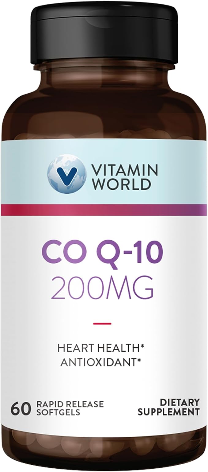 Vitamin World CoQ10 200 mg Softgels Coenzyme Q10 Supplements for Antioxidant Support Heart Health &amp Energy Production Gluten Free 60 Rapid Release Softgels