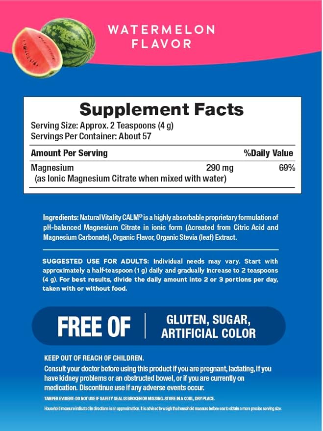 Natural Vitality Calm Magnesium Supplement Drink Mix Powder Gluten Free Vegan &amp Non-GMO Watermelon 8oz Powder