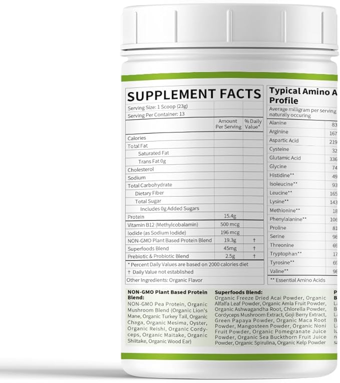 Nutra Seasons’ Plant Based All Nature Protein Powder with Mushroom Blend Superfood Blend Prebiotic &amp Probiotic Blend Vitamin B12 and Iodide Tasty and Great for Energy Gut Health Daily Vital
