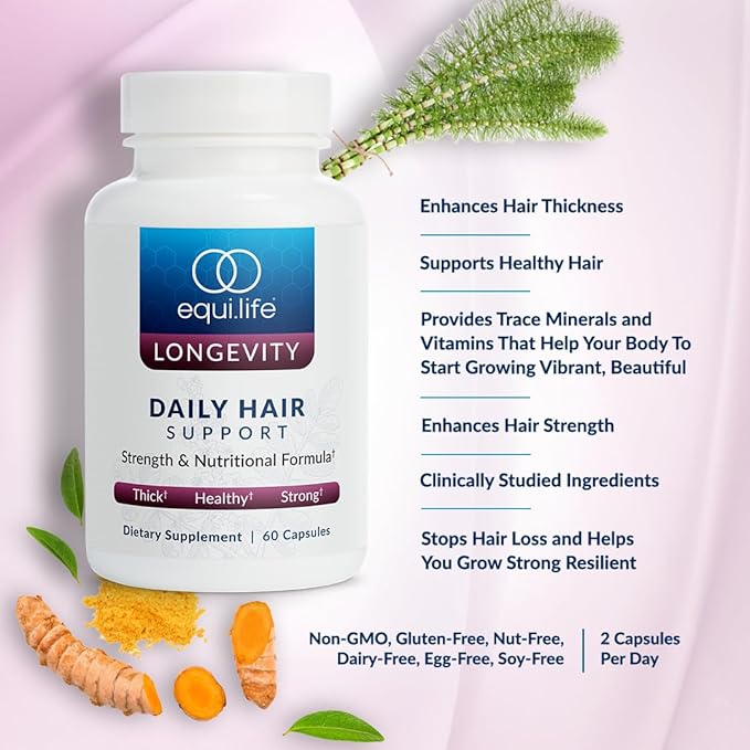 Equilife Daily Hair Support Hair Supplement with Biotin Ashwagandha Zinc Selenium and Saw Palmetto Vitamins and Minerals for Hair and Scalp Nourishment Gluten Free 60 Capsules