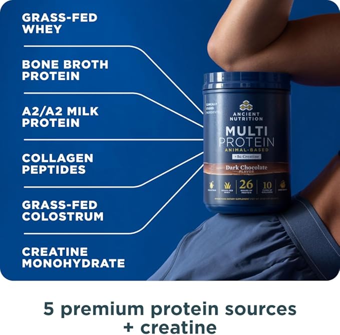 Ancient Nutrition Multi Protein Animal Based Powder + Creatine 26g Protein Grass Fed Whey Bone Broth Collagen Peptides 5g Creatine Monohydrate Colostrum &amp Probiotics Dark Chocolate 15 Serv