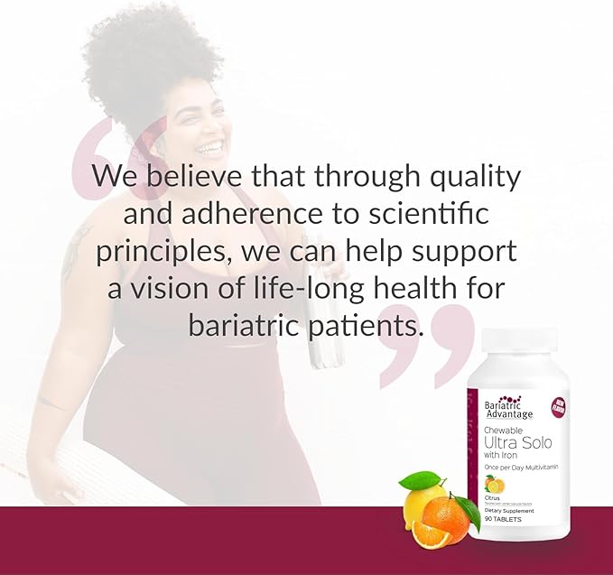 Bariatric Advantage Chewable Ultra Solo with Iron - Once-Per-Day Daily Multivitamin - for Bariatric Patients - with Thiamin Vitamin A &amp More - Gluten Free - Citrus - 90 Tablets