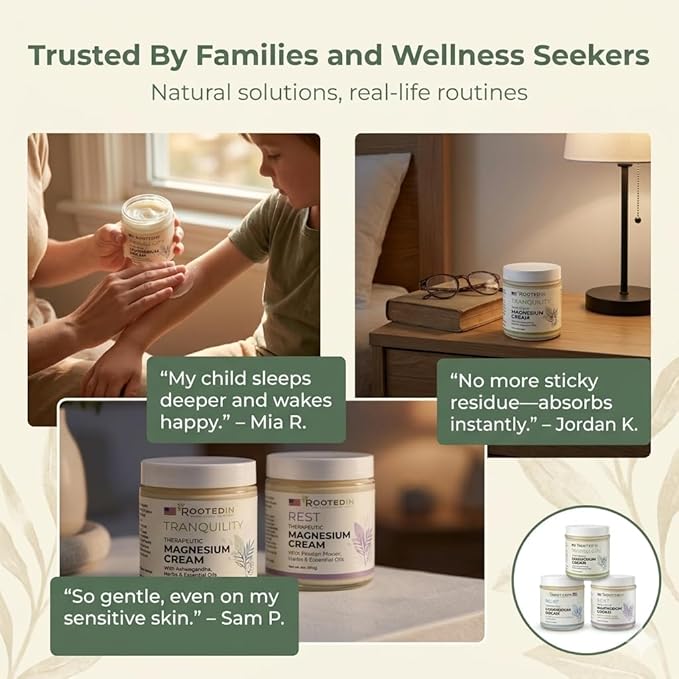 Rooted In Starter Set Includes Tranquility Rest &amp Relief Magnesium Cream - Infused with 500mg Pure Magnesium Herbs &amp Essential Oils - Non Greasy Perfect Self-Care Gifts for Adults &amp Kid