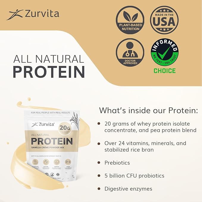 Zurvita - Vanilla Crème Protein Powder- Protein Probiotics No Artificial Sweeteners 24+ Vitamins &amp Minerals 140 Cal/Scoop - 26oz (20 Servings)