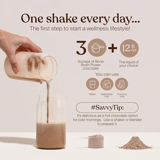 SAVVY Bone Broth Power Chocolate Protein Powder 23g Protein 12g Collagen &amp Glutamine Muscle Joint Digestive &amp Skin Health Keto Dairy Free Award-Winning Bone Broth 560g (16 Servings)