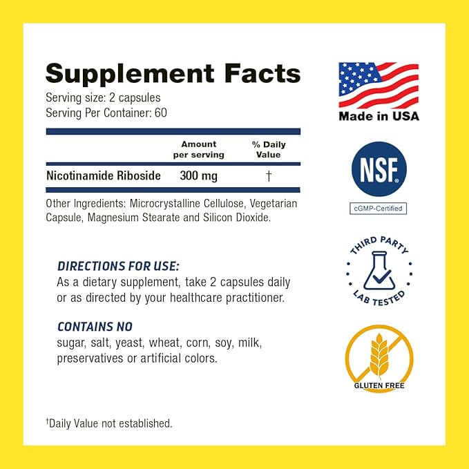 Nicotinamide Riboside NR Supplement 300mg - Vitamin B3 Alternative - Supports Energy Longevity &amp Wellness - Non-GMO Gluten-Free cGMP Certified - 120 Vegan Capsules - 60 days/2 Month Supply