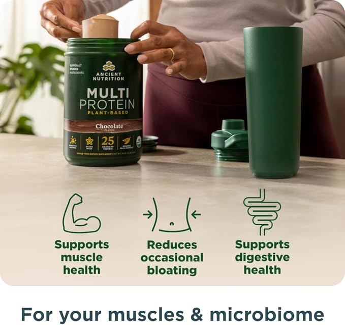 Ancient Nutrition Organic Multi Protein Plant Based Powder 25g Protein Hydrolyzed Pea Protein Digestive Enzymes &amp Probiotics Supports Muscle &amp Gut Health Chocolate 15 Servings