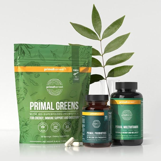 Primal Harvest Multivitamin Greens and Probiotics - Morning Essentials Pack for Daily Nutrition Energy and Gut Health - 3 Pack
