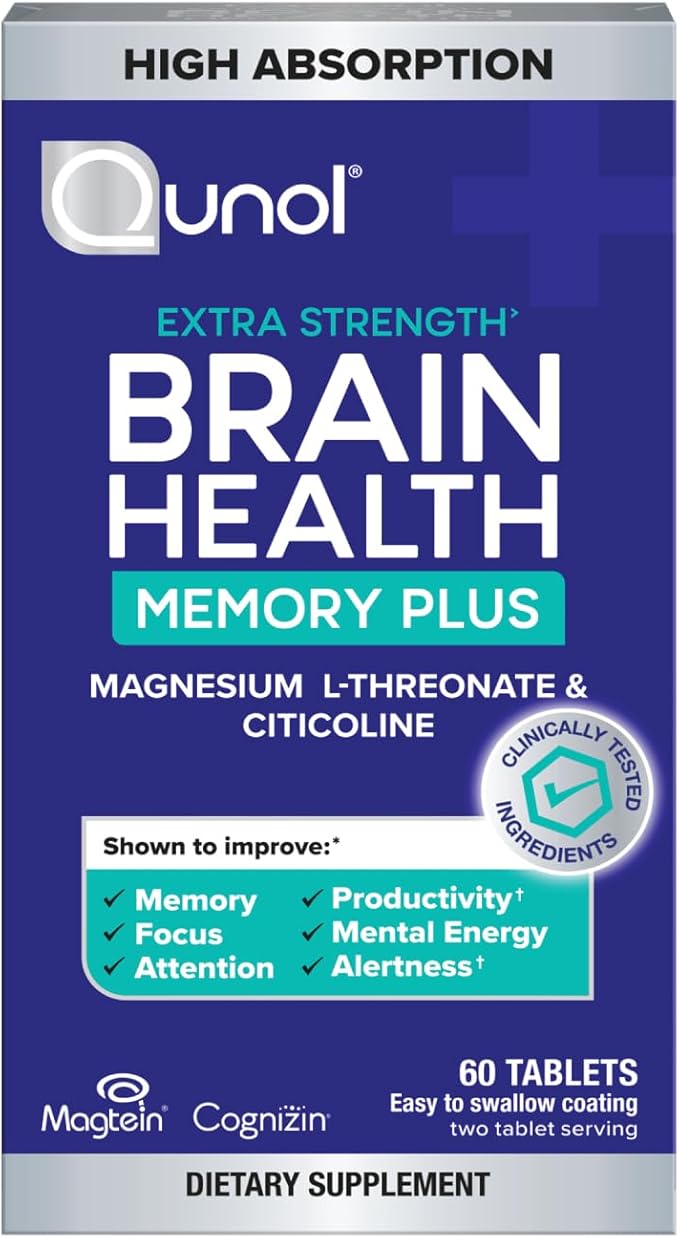 Qunol Brain Health Memory Plus Magnesium L-Threonate &amp Citicoline Clinically Tested Ingredients to Improve Memory Focus Attention and Productivity 60 Count (Pack of 1)