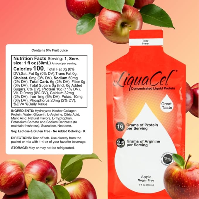 LiquaCel Concentrated Liquid Protein Apple Flavor 16g Hydrolyzed Collagen Protein and 2.5g Arginine Per Single-Serving Packet Sugar &amp Gluten Free 1fl oz Packets 100ct Case
