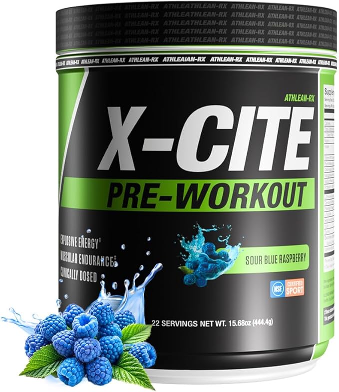 X-CITE Pre-Workout by ATHLEAN-X - Enhanced Formula with Beta-Alanine Creatine &amp Caffeine for Ultimate Energy Endurance Focus &amp Muscle Pump NSF Certified for Sports (Sour Blue Raspberry)
