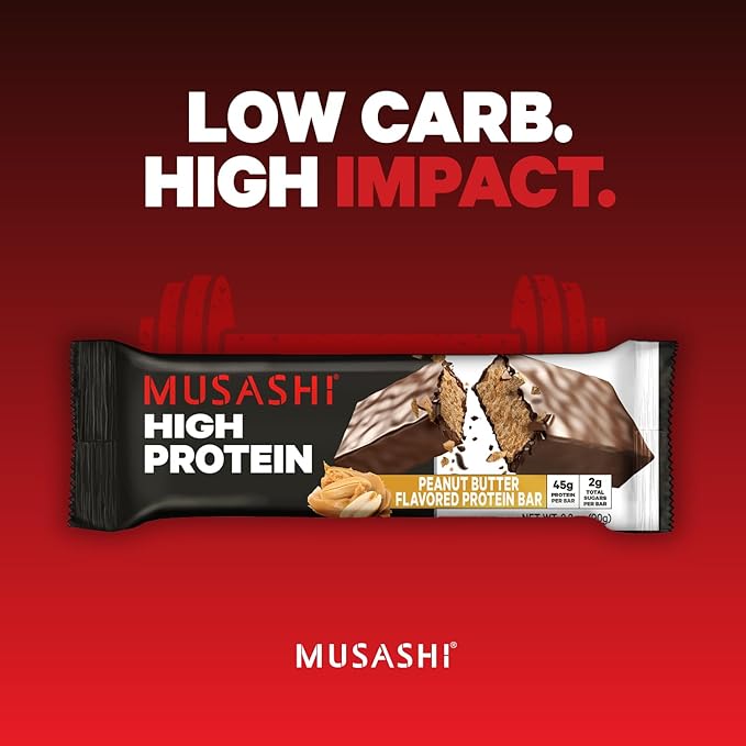 MUSASHI High Protein Bar 45g Protein 2g Total Sugars Peanut Butter &amp Milk Chocolate Coated Post Workout and Protein Snack On The Go 12 Pack of 3.2oz (90g) Bars