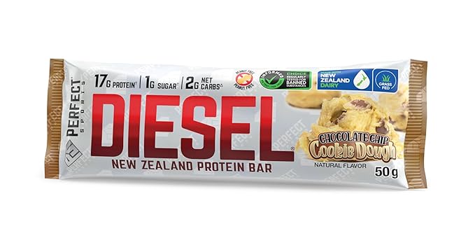 PERFECT SPORTS Diesel New Zealand Whey Protein Bars | Stevia Sweetened No Artificial Flavors | Low Sugar 18g Protein | 12 Pack (Chocolate Chip Cookie Dough)