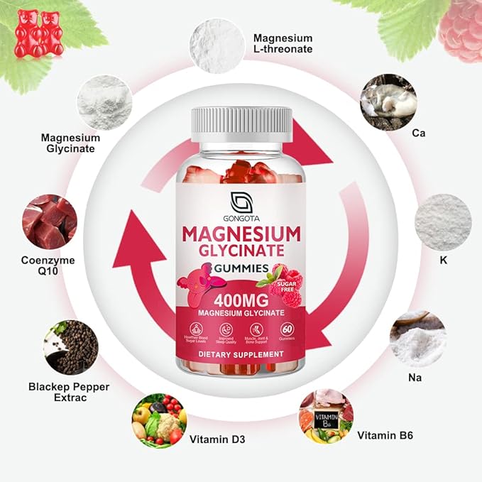 Magnesium Glycinate Gummies 400 mg with 100 mg Composite magnesium - Chelated Magnesium Potassium Supplement with Vitamin D B6 Supports Calm Sleep Memory &amp Muscle CrampsSugar Free - 120 Gummie