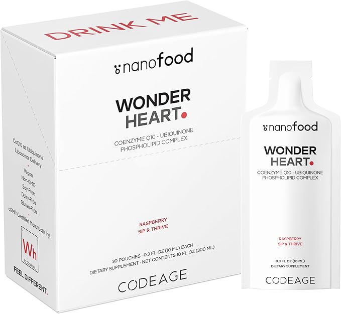 Codeage Wonder Heart Liquid CoQ10 Liposomal Ubiquinone Supplement Coenzyme Q10 Heart Vitamins Non-GMO Sunflower Phosphatidylcholine Vegan Blend Raspberry Flavored Softgel Pack of 30 Pouches