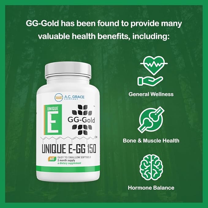 UNIQUE E A.C. Grace Company GG-Gold - 150mg Geranylgeraniol Supplement - Premium Annatto-Derived GG for Statin Users Cellular Energy Muscle &amp Bone Health - 60 Softgels