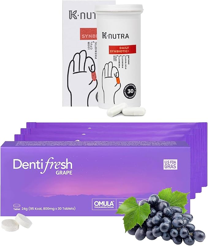 K-Nutra Dentifresh Grape Xylitol Tablets 30 Count + Daily Synbiotic+ 30 Capsules Bundle with 4 Billion CFU Oral Probiotics and 100 Billion CFU Gut Support Formula