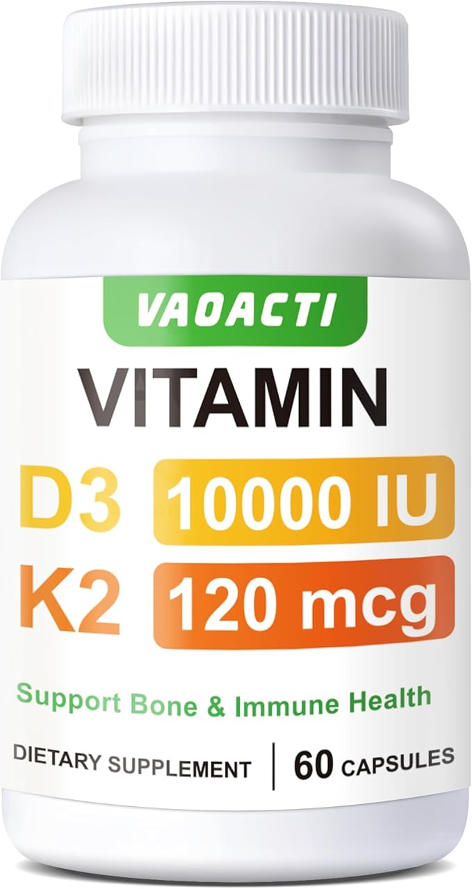 VAOACTI Vitamin D3 K2 Supplement 10000 IU D3 &amp 120 mcg MK-7 Bone Strength &amp Immune Support with B6 B12 Magnesium &amp Zinc Enhanced Absorption with Black Pepper 60 Capsules