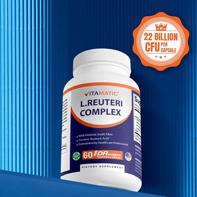 Vitamatic Lactobacillus Reuteri Complex – 22 Billion CFU per Delayed Release Capsule – 60 Capsules – Digestive &amp Gut Health Support – with Prebiotic Inulin Fiber - 2 Pack