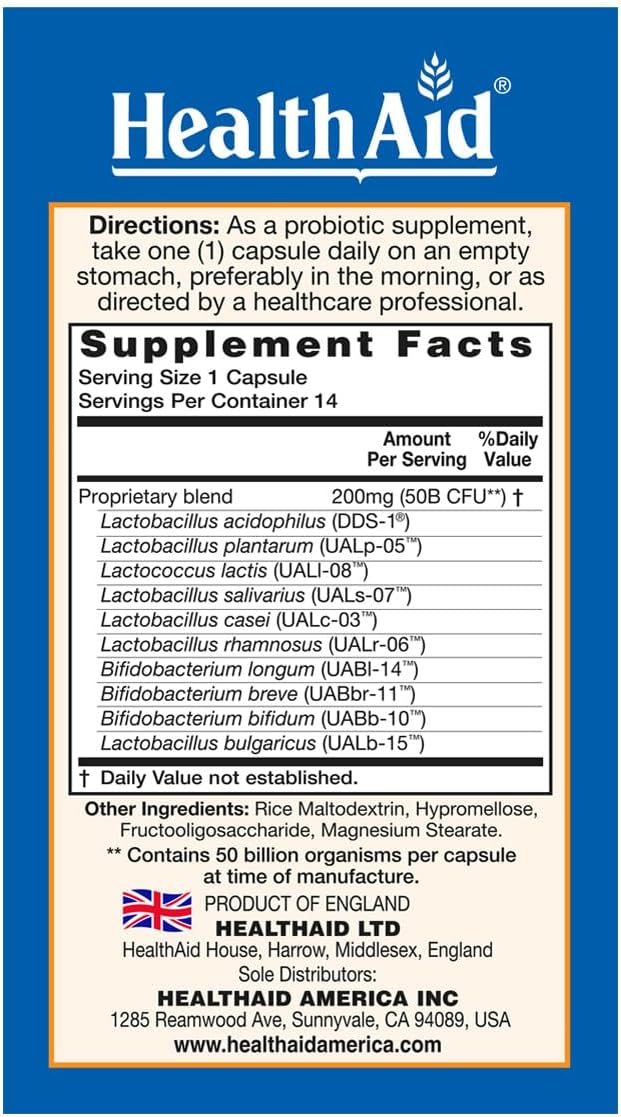 HealthAid ImmuProbio – Once-Daily 50 Billion CFU Probiotic with Prebiotic Fiber (FOS) | 30 Strains Including DDS‑1 | Acid &amp Bile Resistant Room‑Temperature Stable Vegan – 14 Capsules