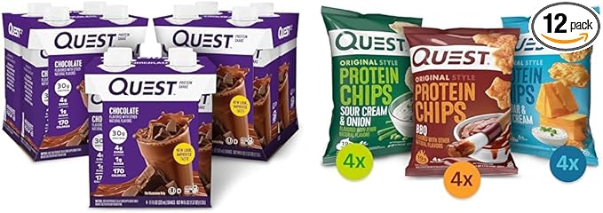 Quest Nutrition Ready To Drink Chocolate Protein Shake High Protein Low Carb Gluten Free &amp Protein Chips Variety Pack (BBQ Cheddar &amp Sour Cream Sour Cream &amp Onion)