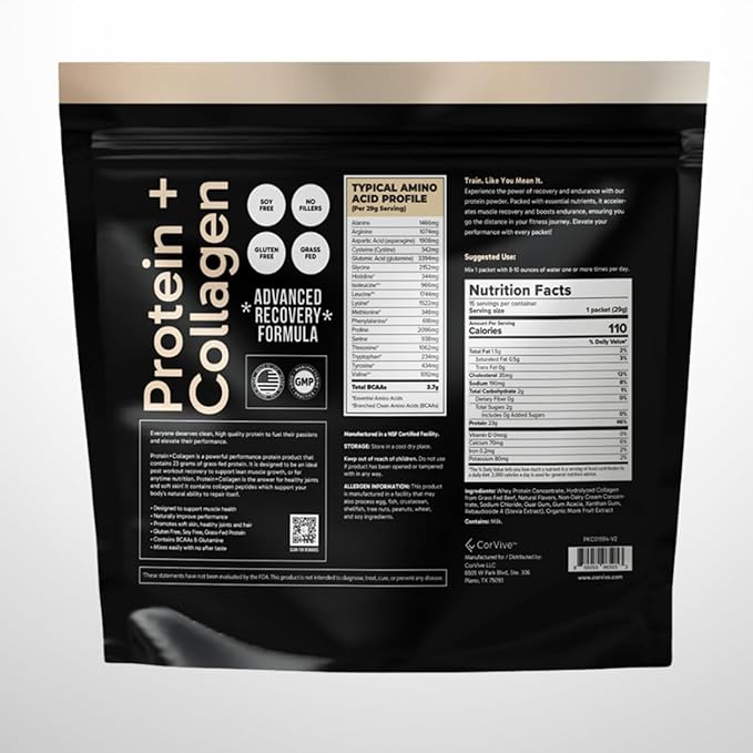 Protein + Collagen Powder | 23g Protein (Grass-Fed Whey + Collagen) | 3.7g BCAAs | Supports Muscle &amp Joint Health | Gluten &amp Soy Free | No Artificial Ingredients | 15 Sachets - Vanilla