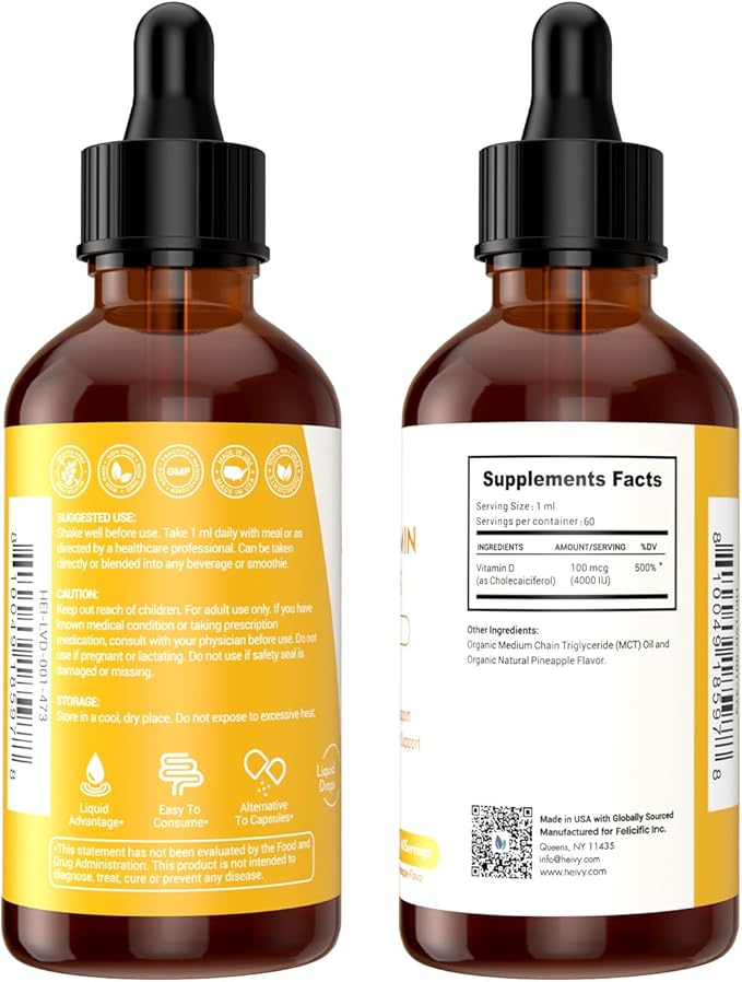 Heivy Liquid Vitamin D Drops Pineapple Flavour Vitamin D3 100 mcg (4000 IU) Per Serving Bone &amp Immune Support Vegan Gluten-Free Non-GMO 2 Fl Oz/60ml (Pack of 2)
