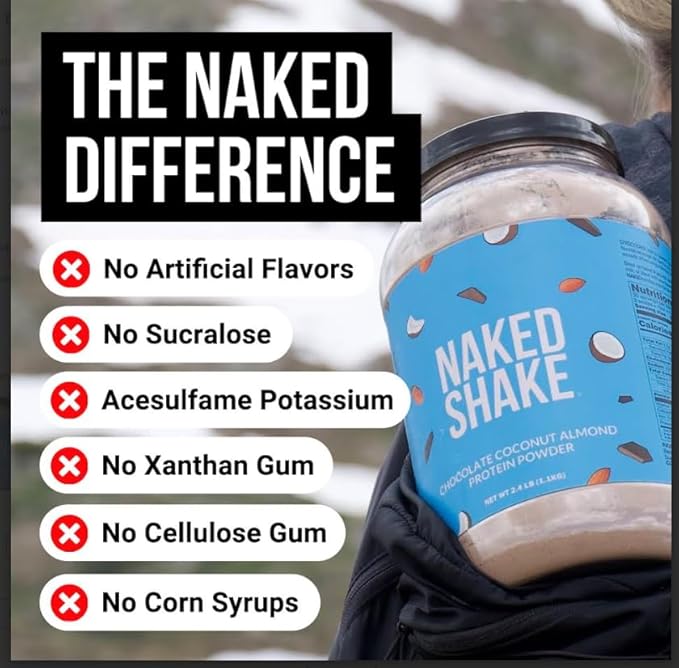 NAKED Shake - Chocolate Coconut Almond Protein Powder - Flavored Plant Based Protein from US &amp Canadian Farms with MCT Oil Gluten-Free Soy-Free No GMOs or Artificial Sweeteners - 30 Servings