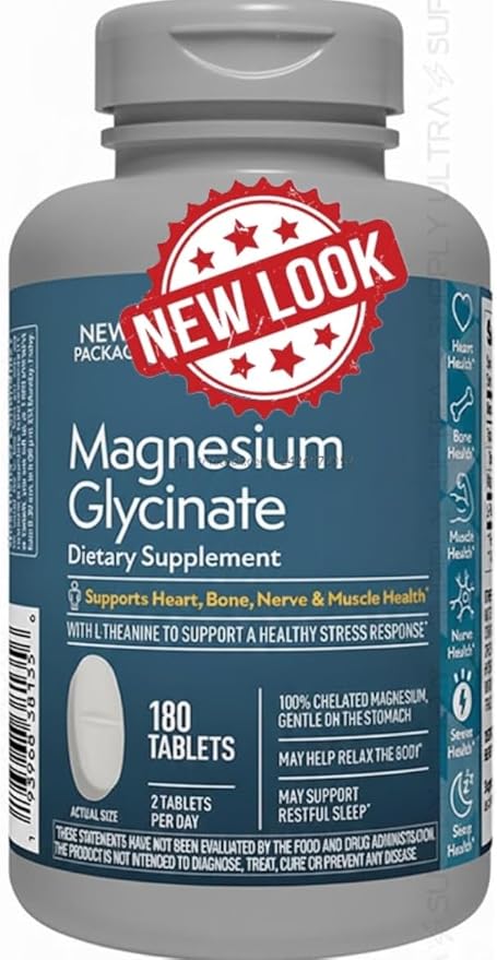 Members Mark Magnesium Glycinate (180 Count.) with L-Theanine 200 mg – Supports Heart Bone Nerve Muscle Stress &amp Sleep Health