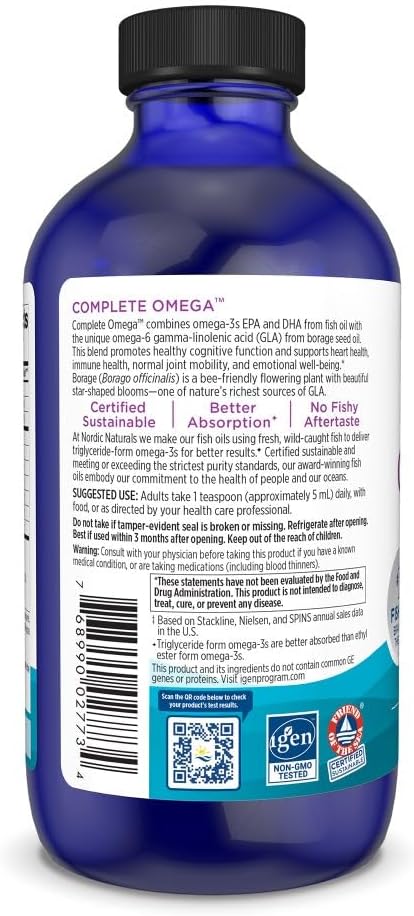 Nordic Naturals Complete Omega Lemon Flavor - 8 oz - 1270 mg Omega-3 - EPA &amp DHA with Added GLA - Healthy Skin Cognition Positive Mood - Non-GMO - 48 Servings