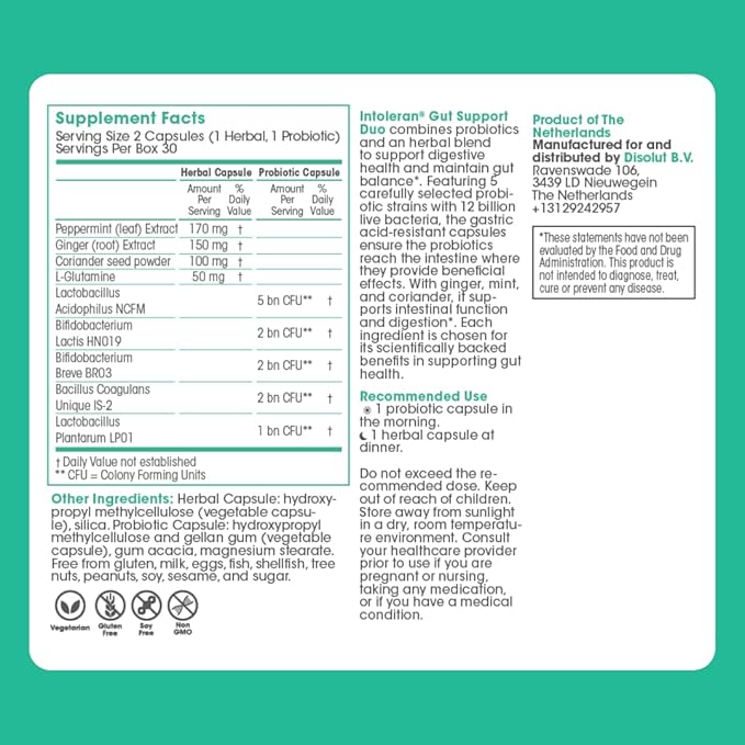 Intoleran Gut Support Duo – Probiotics &amp Herbal Blend for Digestive Health | Helps Ease Occasional Bloating Gas &amp Discomfort | Non-GMO Gluten &amp Soy Free – 60 Capsules (30-Day Supply)
