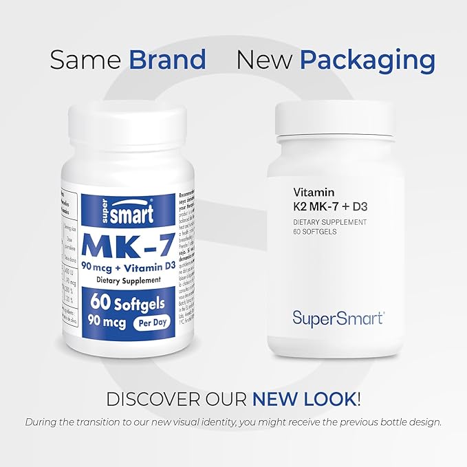 Supersmart - Vitamin K2 MK7 + Vitamin D3 90mcg per Day (High Bioavailability) - Menaquinone Supplement - Vitamin D &amp K Complex | Non-GMO &amp Gluten Free - 60 Softgels