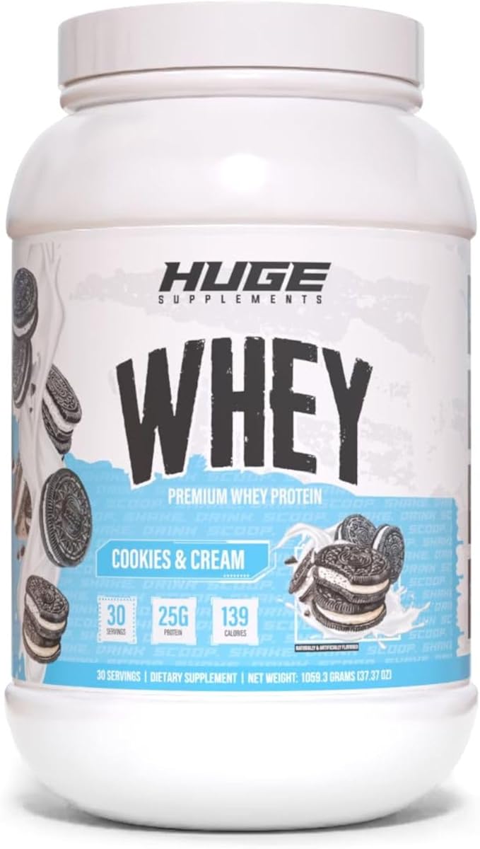 Huge Whey Protein Powder for Muscle Gain 25g Protein 12g EAAs Supports Muscle Growth Performance &amp Recovery (Cookie &amp Cream 30 Servings)