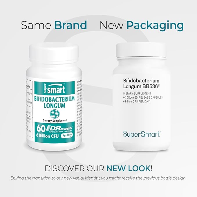 Supersmart - Bifidobacterium Longum (BB536) 6 Billion CFU per Day - Probiotics &amp Prebiotics Supplement | Non-GMO &amp Gluten Free - 60 DR Capsules