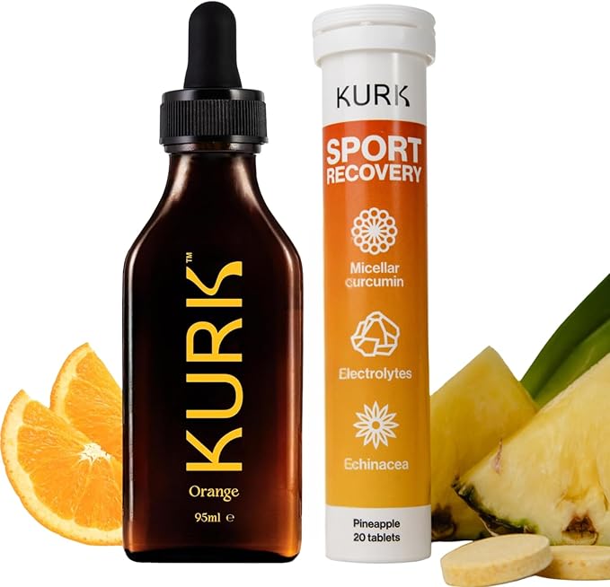 Kurk High Strength Liquid Curcumin Oil from Turmeric (Orange 3.2 Fl Oz) Sport Electrolyte Tablets (Pineapple 20 Effervescent Tabs) Bundle