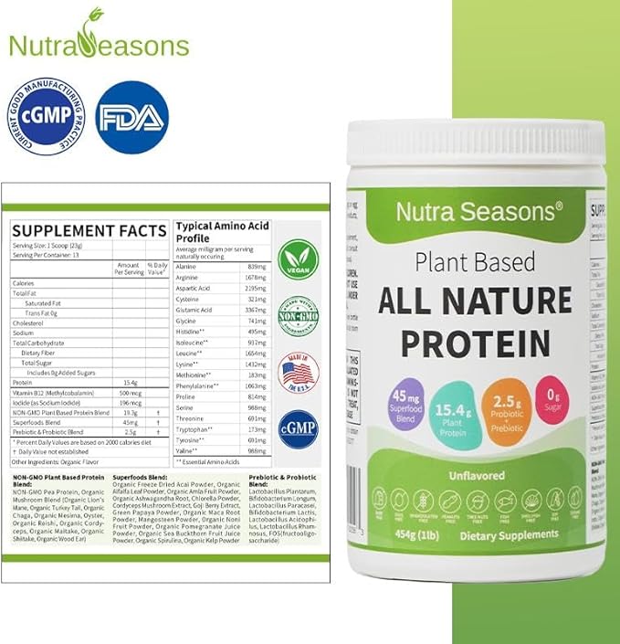 Nutra Seasons’ Plant Based All Nature Protein Powder with Mushroom Blend Superfood Blend Prebiotic &amp Probiotic Blend Vitamin B12 and Iodide Tasty and Great for Energy Gut Health Daily Vital