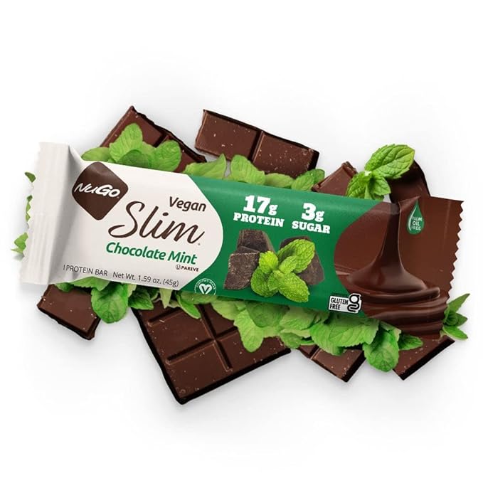 NuGo Slim Dark Chocolate Mint 17g Vegan Protein 3g Sugar 6g Fiber Low Net Carb Keto Friendly Gluten Free 12 Count