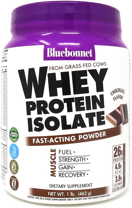 Bluebonnet Nutrition Whey Protein Isolate Powder Whey From Grass Fed Cows 26g of Protein No Sugar Added Gluten Free Soy free kosher Dairy 1 Lb 14 Servings Chocolate Flavor