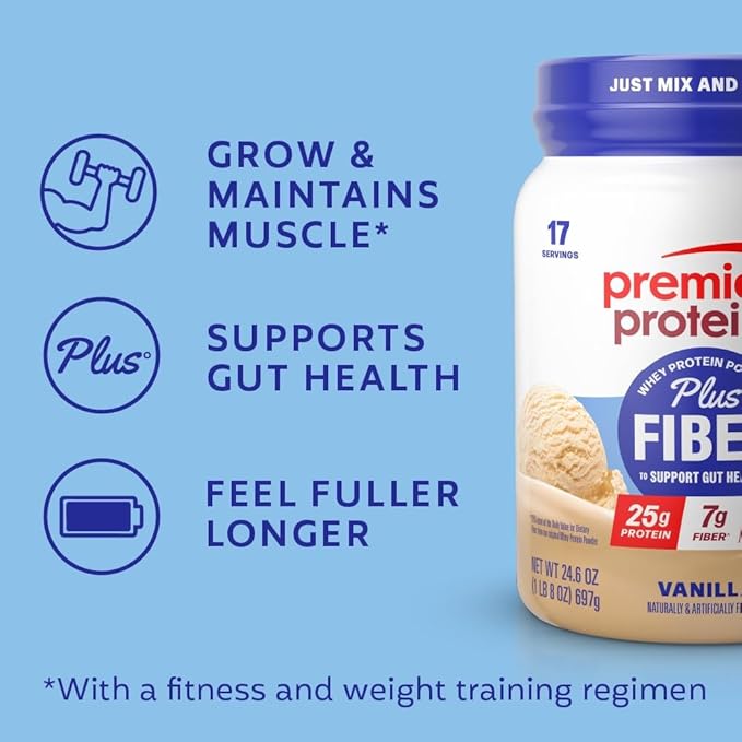 Premier Protein Powder Plus Fiber Vanilla 25g Protein 7g Fiber to Support Gut Health No Added Sugar (17 Servings)