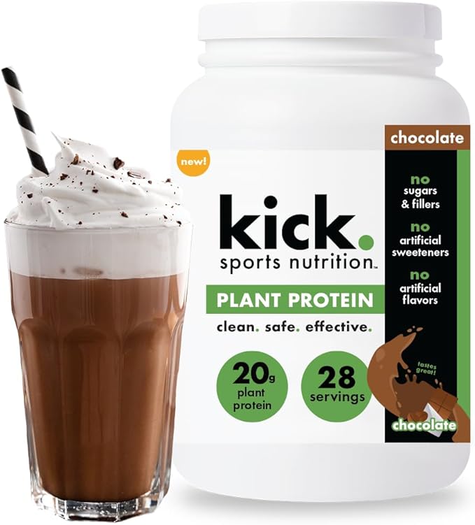 Kick Plant Protein Powder Chocolate Flavor 20 G Protein Gluten Free Workout Supplement with Aminos Acids to Support Fitness Goals &amp Gut Health No Sugar No Artificial Flavors 28 Servings