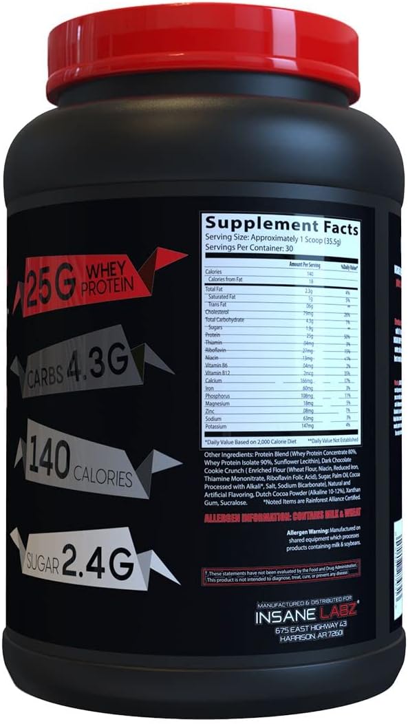 Insane Labz Insane Whey100% Muscle Building Whey Protein BCAA Amino Profile Mass Gainer Meal Replacement (Cookies &amp Cream 30 Servings)
