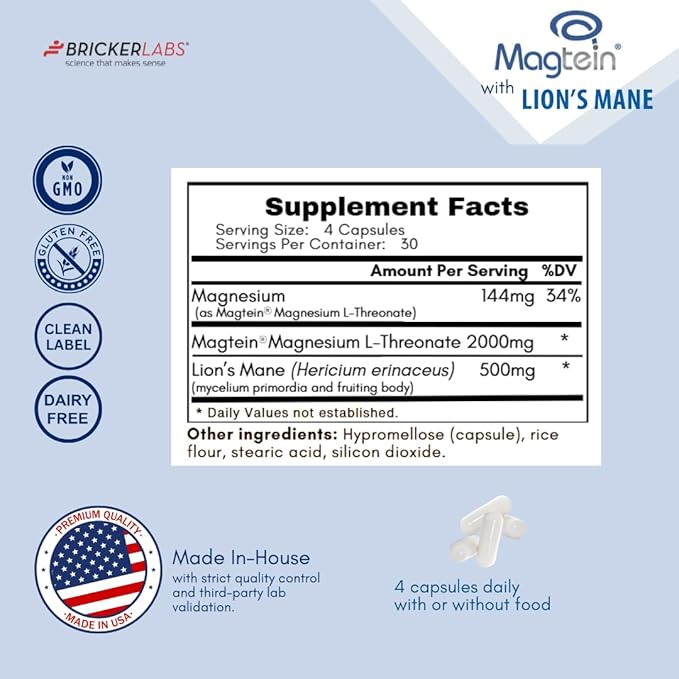 Bricker Labs Magtein® &amp Lion’s Mane-Advanced Magnesium L-Threonate Formula for Brain Health Memory &amp Focus-Cognitive Support Supplement 120 Capsules