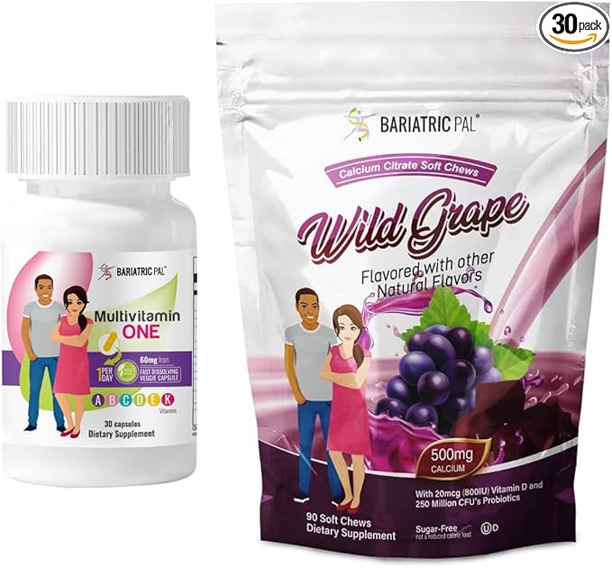 BariatricPal 30-Day Bariatric Vitamin Bundle (Multivitamin ONE 1 per Day! Capsule with 60mg Iron and Calcium Citrate Soft Chews 500mg with Probiotics - Wild Grape)