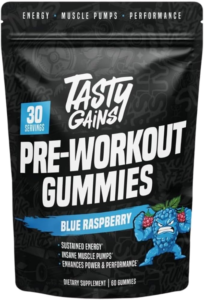 TASTY GAINS - Pre-Workout Gummies – Energy &amp Focus Boost Caffeine Gummies for Men &amp Women 200mg of Caffeine Fat-Burning Preworkout for Strength &amp Endurance (60 Blue Raspberry)