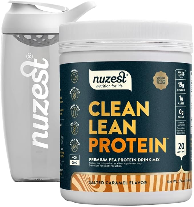 Nuzest Vegan Protein Powder – Clean Lean Protein Salted Caramel – 21g Pea Protein Isolate 1.1lb (20 Servings) – Plant-Based Protein Shake Mix with 24oz Shaker Bottle